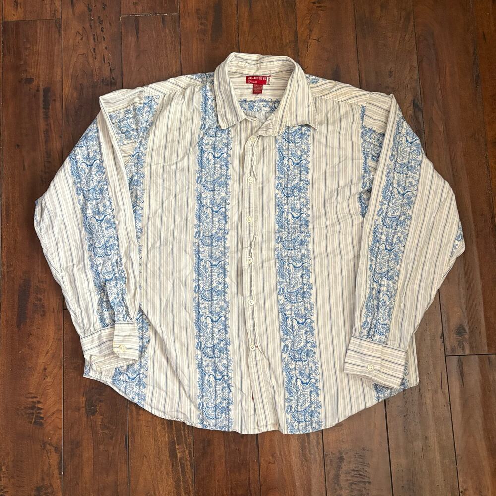 Y2K Skater Guess Button Up Dress Shirt Mens XXL White Blue Stripes 2000s Grunge